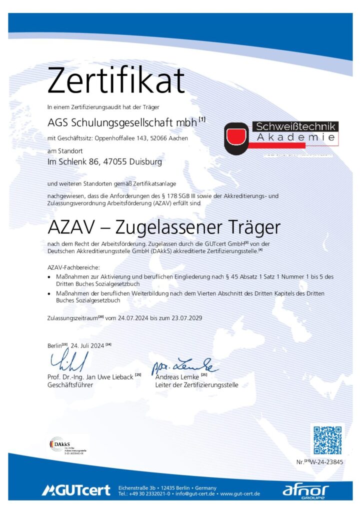 AZAV-Zertifikat der Schweißtechnik Akademie