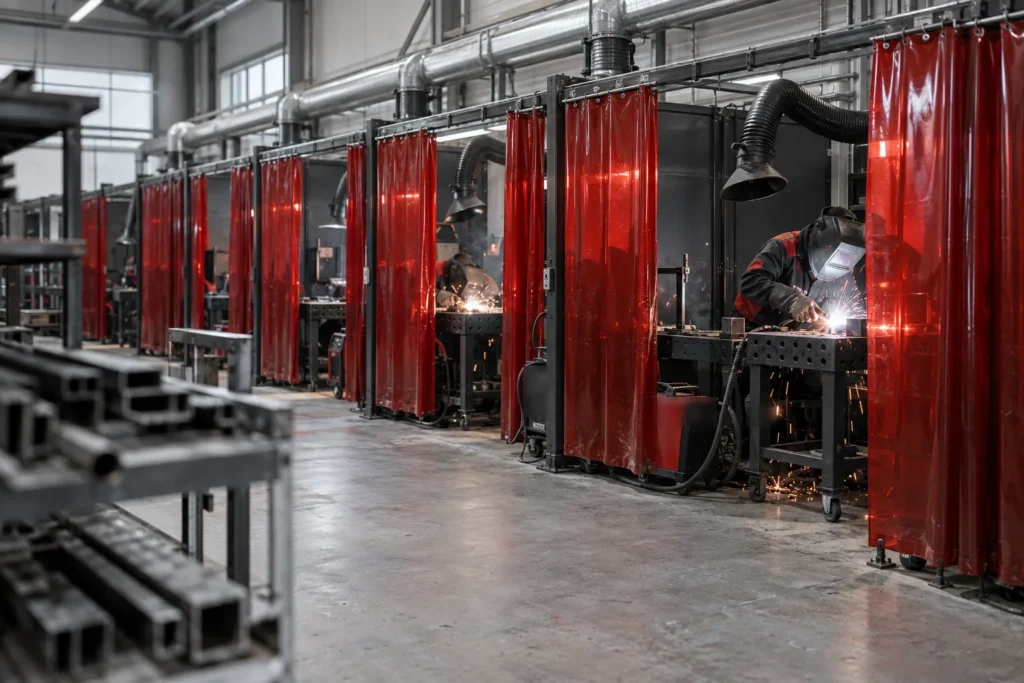 Lehrwerkstatt der Schweißtechnik Akademie mit Schweißkabinen. Die Schweißtechnik Akademie bietet Schweißer Weiterbildung in Ludwigshafen/Rhein und in Duisburg an.